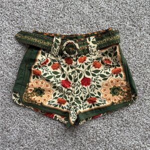 Floral Patterned Green and Cream Women Shorts